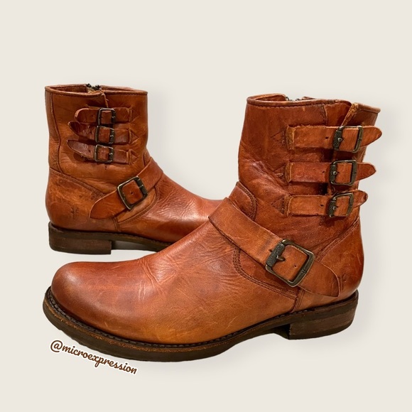 $389 Veronica Short Belted Cognac Leather Fringe Moto Vintage Combat Ankle Boot - Picture 5 of 15